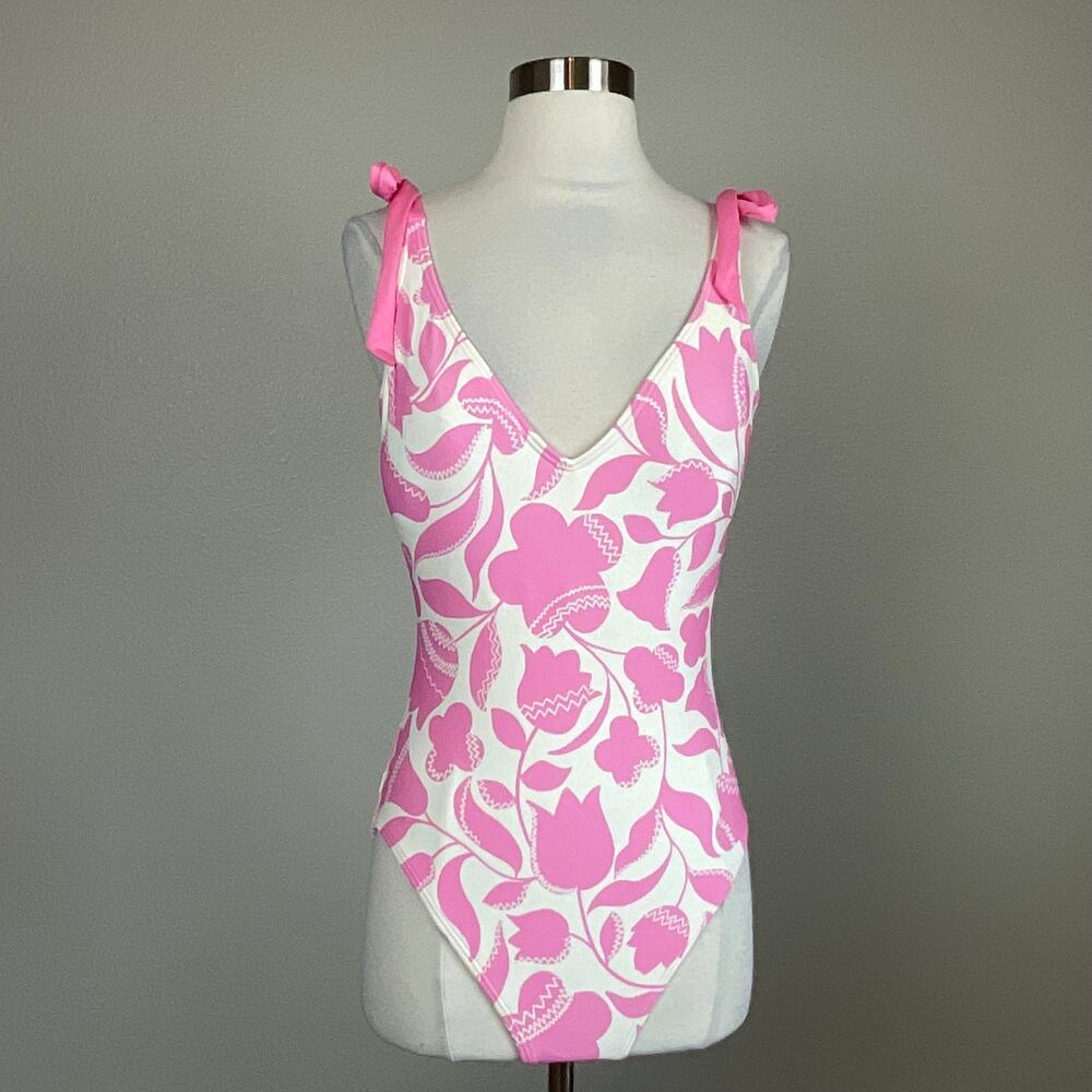 Kate Spade Pink and White Bathing Suit Floral One-Piece Scoop Back Size Medium - Picture 2 of 11